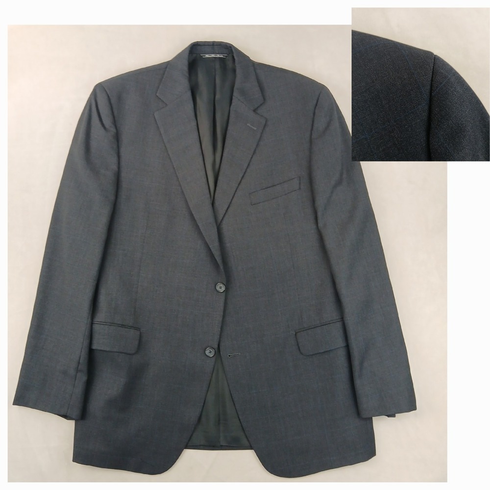 Jack Victor 46L Mens Blazer Suit Jacket Charcoal 22x32 Light Blue Windowpane